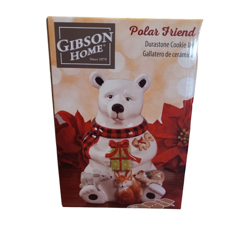 NIB Polar Bear Cookie Jar Gibson Home Polar Friend 9" Christmas Holiday Ceramic